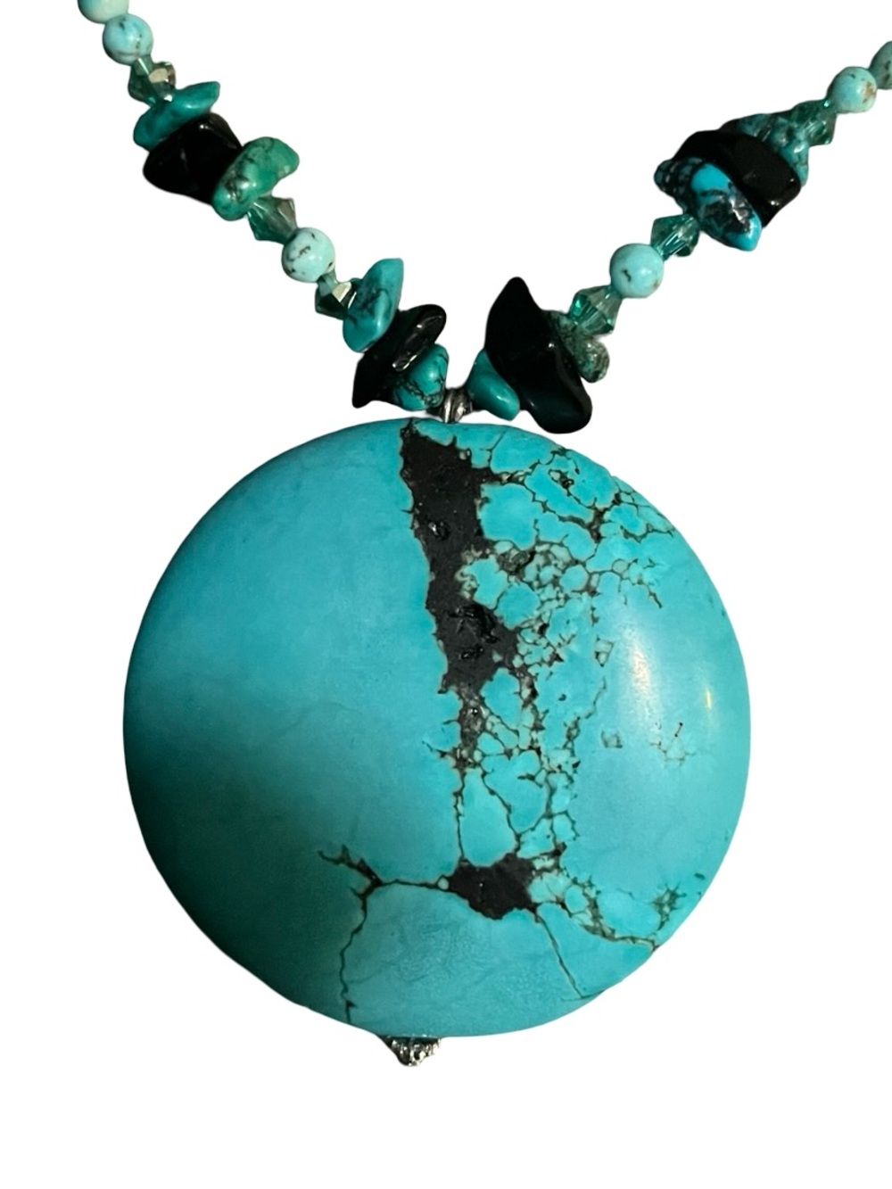 Vintage turquoise and onyx necklace southwestern native style pendant 2" boho